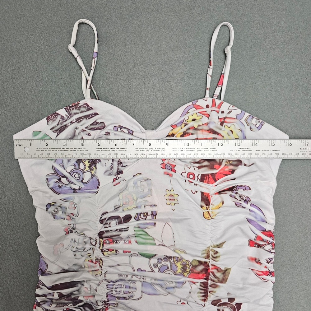 Y2K La Teen Mini Dress L White Pink Graphic Print Ruched Bodycon Babydoll NEW - Picture 6 of 12